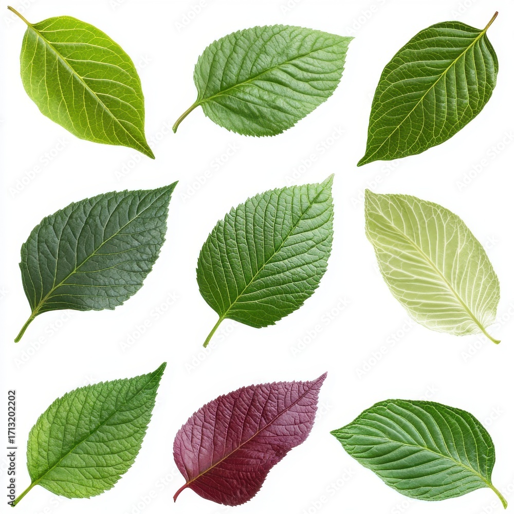 Fototapeta premium A vibrant collection of leaves showcasing diverse shapes and colors, highlighting nature's beauty and variety.