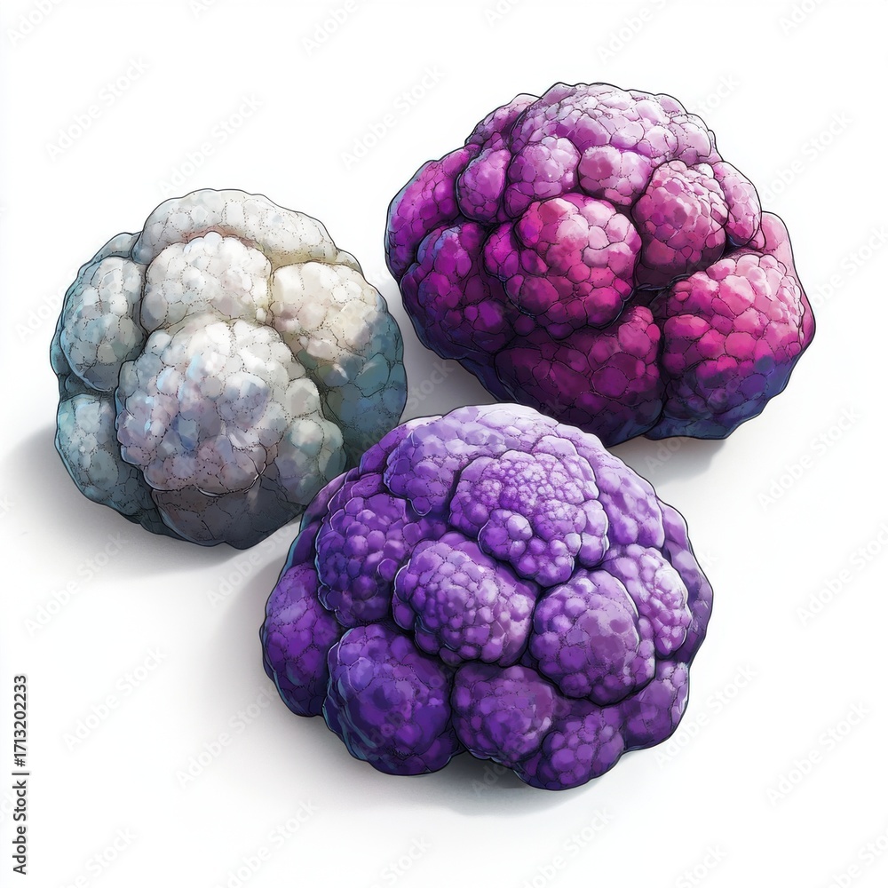 Obraz premium Colorful illustrations of three unique cauliflowers in shades of purple, pink, and white, showcasing organic beauty.