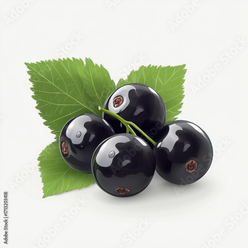 A cluster of fresh black currants with vibrant green leaves, showcasing their glossy skin and ripe appearance.