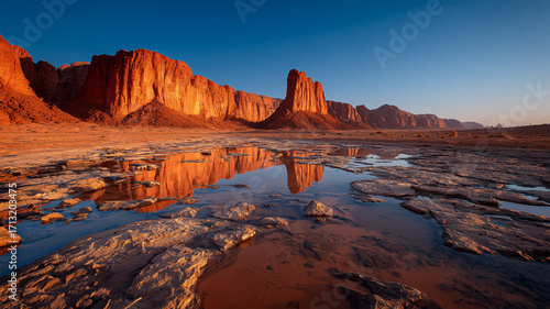 雨上がりの砂漠で赤い岩山が水面に映る風景