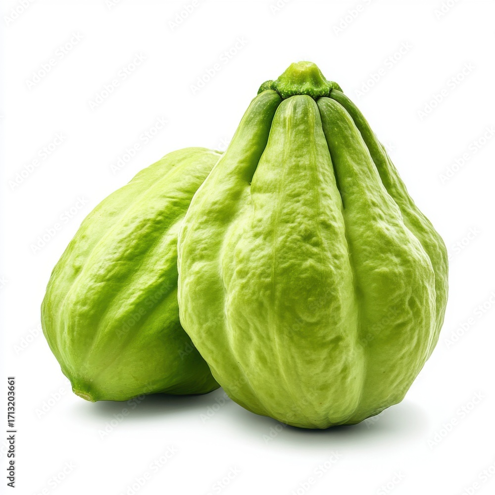 Naklejka premium Two fresh green chayote squashes on a clean white background, showcasing their unique wrinkled texture.