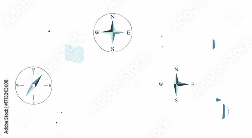 A collection of minimalist compass illustrations and compass roses in a flat design style, set against a clean white background