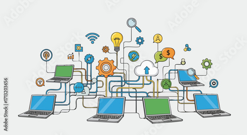 A colorful doodle illustration visualizes a complex network of interconnected laptops and digital icons