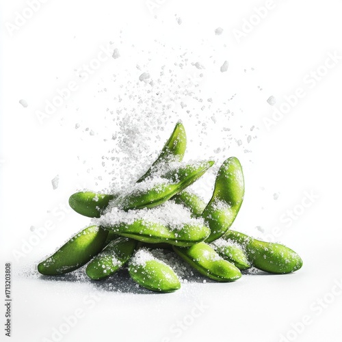 A vibrant pile of fresh green edamame sprinkled with coarse sea salt, creating a flavorful and appetizing scene.