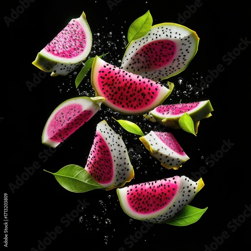 Colorful dragon fruit slices floating in water, showcasing vibrant pink flesh and green leaves against a black background.