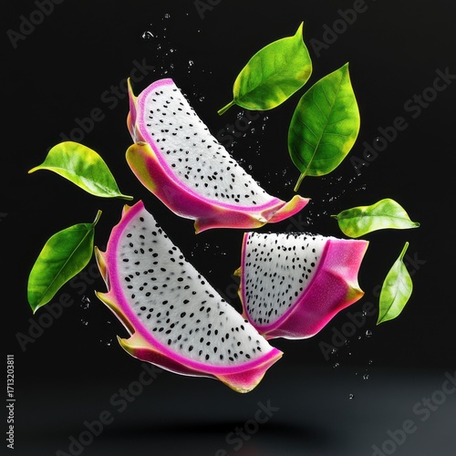 Vibrant dragon fruit slices and fresh green leaves suspended in mid-air against a dark background.