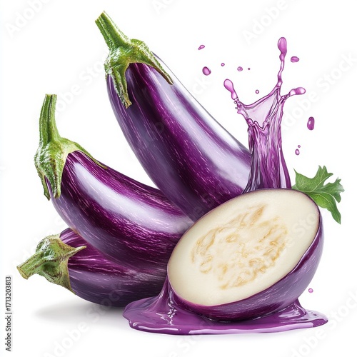 Three fresh eggplants with splashes of purple juice and a sliced one showcasing its creamy interior.