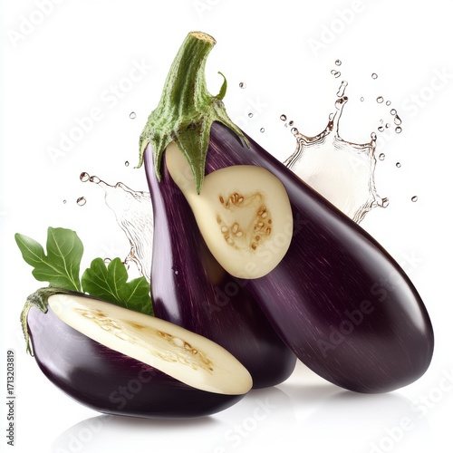 Fresh purple eggplants with slices and water splash, perfect for healthy recipes.