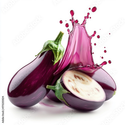Vibrant eggplants splashing with vivid liquid representation, showcasing freshness and vitality.