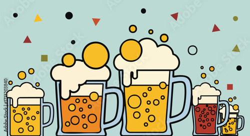 A colorful vector illustration depicts various cartoon beer mugs with frothy beer