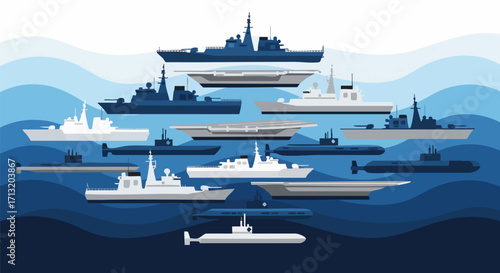 A diverse vector naval fleet, featuring warships, aircraft carriers, and submarines, sails on blue waves