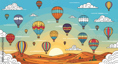 A vibrant illustration of hot air balloons floating above a desert landscape at sunset