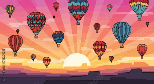 A vibrant illustration of numerous hot air balloons flying over a stylized desert canyon during a stunning sunrise or sunset