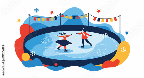 A vibrant vector illustration shows two people ice skating on a festive rink decorated with bunting and stars