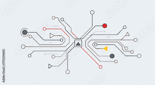 Abstract flat design illustration depicting a digital network with interconnected nodes. This graphic visualizes data flow and complex technology
