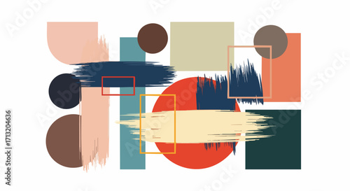 Abstract geometric composition with colorful shapes and expressive brush strokes on a white background