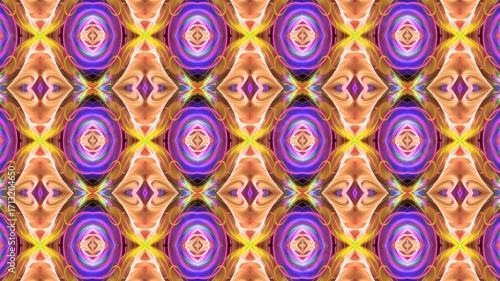 Symmetrical rows of fractal colorful shapes moving, combining, separating. Glowing mosaic ornament flashing, illuminating, vibrating. Abstract bright motion background changes. 4K UHD 4096x2304
