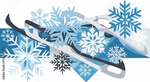 Abstract graphic of ice skates and blue snowflakes. Dynamic design for winter sports, cold weather, and holiday season