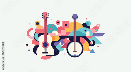 Abstract musical composition featuring a guitar and banjo against a vibrant background of geometric shapes