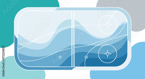 Abstract vector illustration featuring layered blue water waves within a sleek rounded rectangle