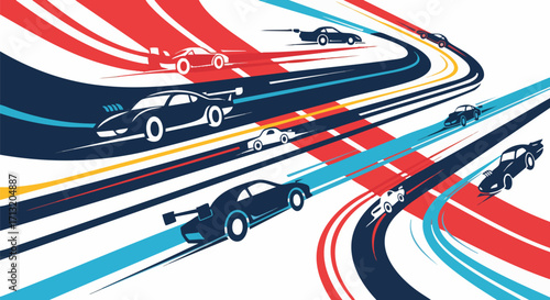 Abstract vector illustration of multiple stylized race cars speeding on a dynamic track. The vibrant design conveys speed, competition, and energy
