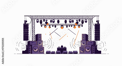 An empty concert stage setup featuring powerful sound systems, dynamic spotlights, and a DJ booth