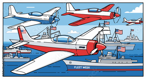 An illustration of a Fleet Week airshow over ships. American flags and patriotic aircrafts fly in formation in a celebration of the US Navy