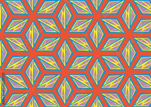 A seamless abstract geometric pattern with a modern design. The pattern features a mix of bold shapes and lines in bright yellow, blue, and purple on a vivid orange background.