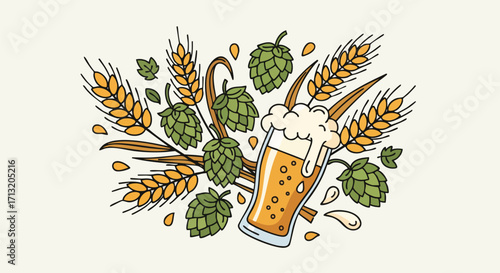 Beer illustration with a glass of beer, hops, and wheat