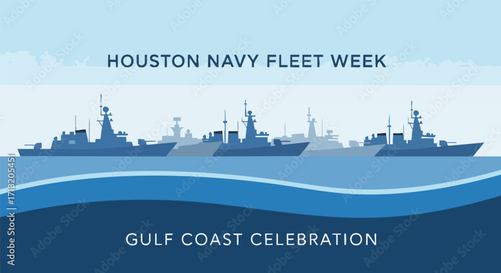 Obraz premium Celebrating Houston Navy Fleet Week on the Gulf Coast with a vector illustration of naval ships sailing on the ocean in shades of blue