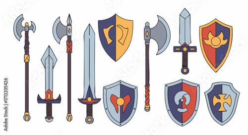 Cartoon medieval weapons and shields. A collection of fantasy swords, axes, and protective shields