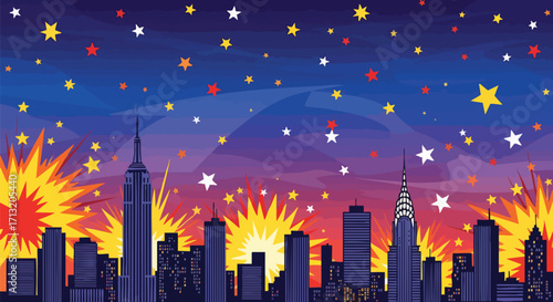 Celebrate New Year's Eve in NYC! This vibrant illustration features a stylized cityscape with fireworks and stars, perfect for celebratory designs