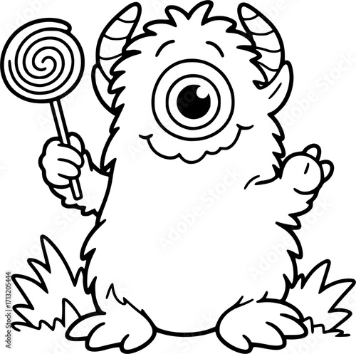 Cute one-eyed monster holding a lollipop coloring page illustration