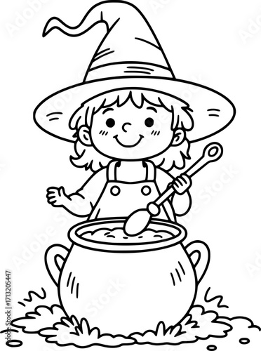 Little witch stirring a potion in a cauldron coloring page illustration