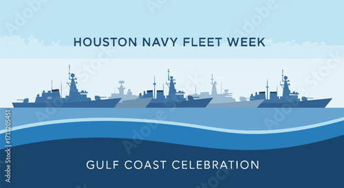 Celebrating Houston Navy Fleet Week on the Gulf Coast with a vector illustration of naval ships sailing on the ocean in shades of blue