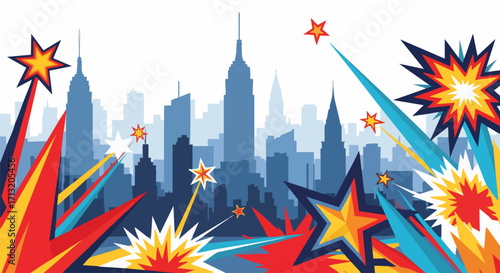 Celebrate with this vibrant illustration of fireworks exploding over a stylized New York City skyline