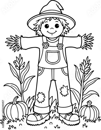 Cartoon scarecrow with pumpkins and corn stalks coloring page