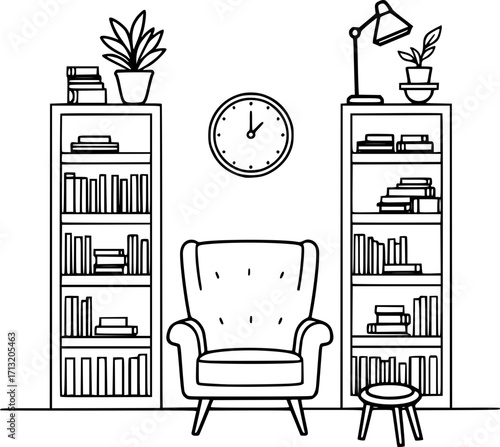 Reading nook illustration with armchair, bookshelves, and clock, outline