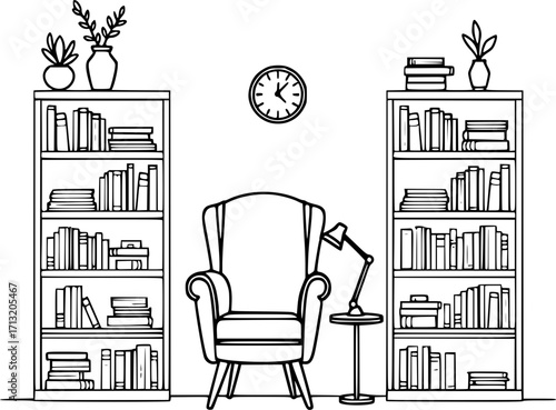 Reading nook with armchair, bookshelves and lamp outline illustration