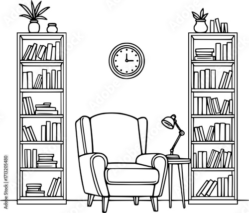 Reading nook outline illustration with chair, lamp, bookshelves and books