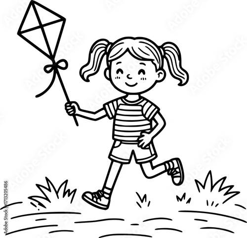 Girl running with a kite illustration for coloring page