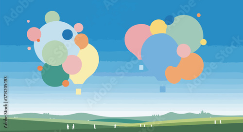 Colorful abstract hot air balloons, formed by vibrant circles, float across a bright blue sky