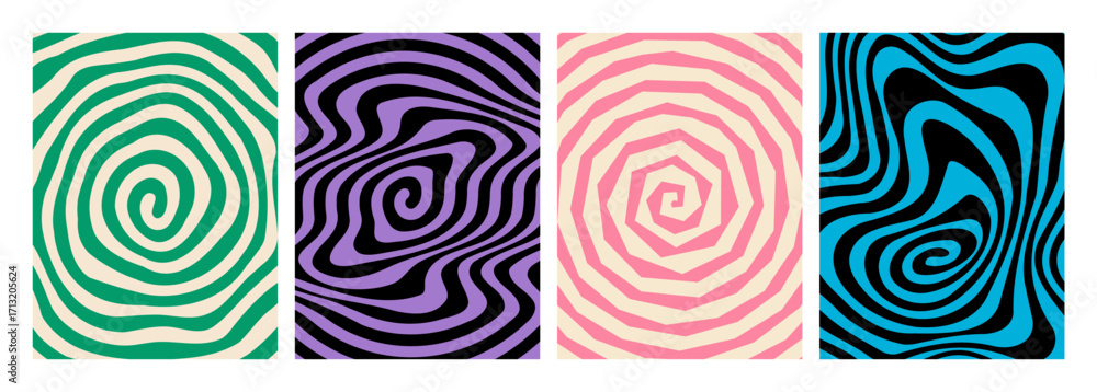 Swirl Groovy Psychedelic Spiral Pattern. Vector Twirl Vortex Background. Abstract Retro Optical Illusion Texture. Halloween BG Graphic Design.