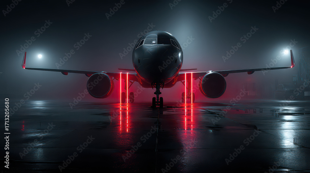 Fototapeta premium Aviation Night Sentinel: An airliner stands ready, illuminated by crimson beacons and twin headlights, poised for flight against a backdrop of a twilight scene.