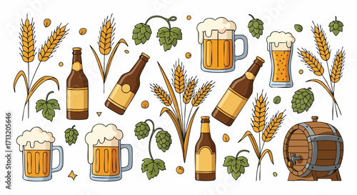 Colorful cartoon vector illustration of beer elements on white. Features frothy mugs, bottles, wheat, hops, and a barrel
