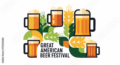 Colorful flat design illustration of various beer mugs with frothy heads and stylized wheat