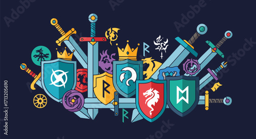 Colorful flat vector illustration of fantasy elements: shields, swords, crowns, dragons, and runes