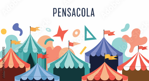 Colorful flat design vector illustration of fair tents with flags and abstract shapes