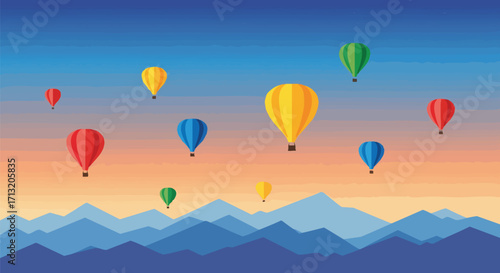 Colorful hot air balloons float gracefully over a majestic mountain range at sunset