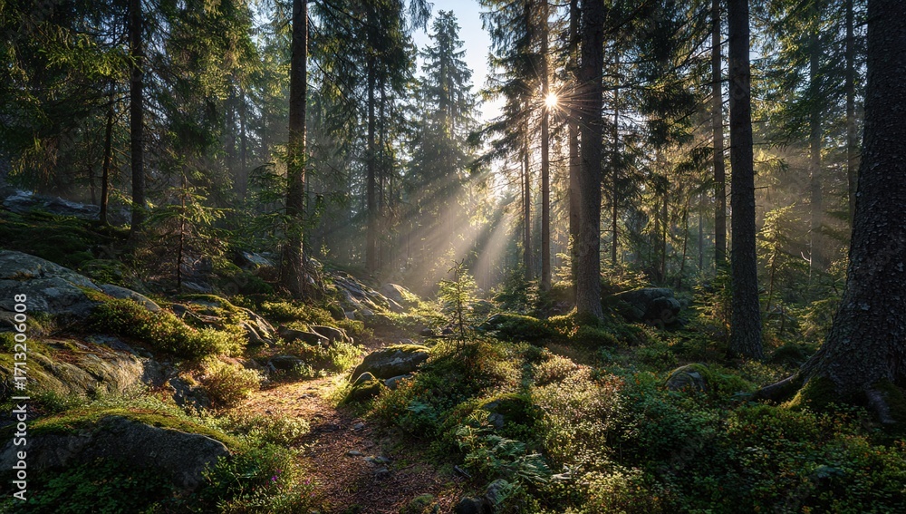 Fototapeta premium Silent Forest in spring with beautiful bright sun rays. High quality